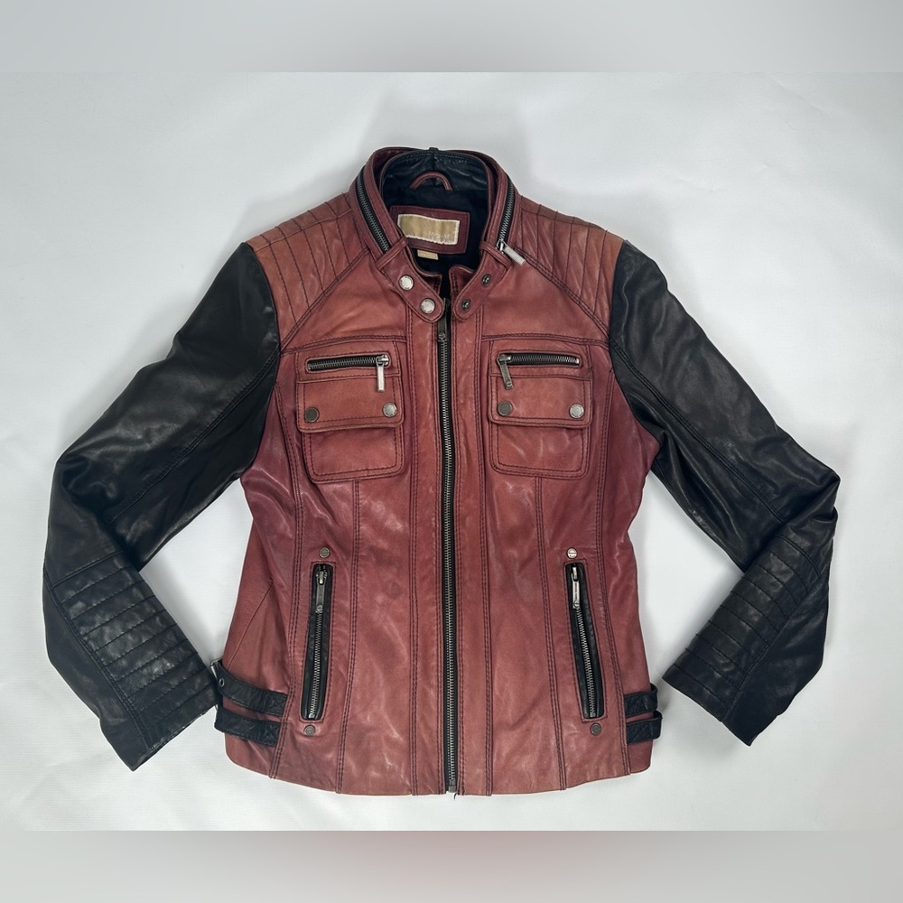 Michael Kors Moto Leather Jacket Coat Buckle Burgundy/Black Slimming cut Medium